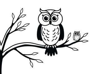 Vector art of cute owl family sitting on a tree branch, illustration
