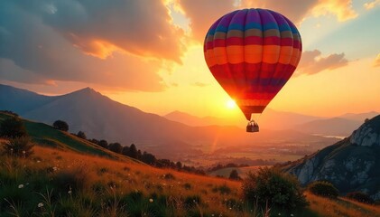 Fototapeta premium A vibrant hot air balloon gracefully ascends against a breathtaking sunrise, casting a long shadow across the tranquil landscape The basket is empty, ready for adventure , gondola, journey