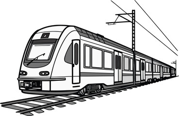 Realistic Modern Train Locomotive Illustration on White Background. Detailed Passenger Train Side View with Accurate Proportions. High Quality Train Locomotive Artwork for Transportation Themes