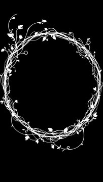 White floral vine circle frame on a black background with small leaves and swirling branches design element