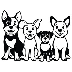 Obraz premium Vector art of group of four cute cartoon puppies of different breeds sitting together, isolated on white background