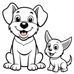 Vector art of two cute cartoon dogs, one big and one small, sitting together isolated on white background