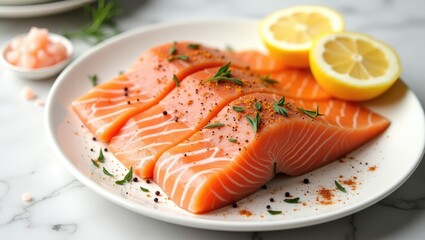Fresh salmon fillets seasoned with herbs and spices on a plate.