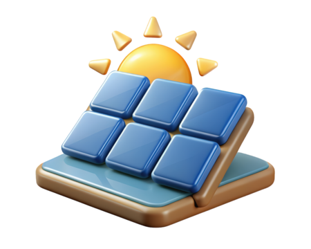 Solar panel array with sun symbol renewable energy solution3d illustration isolated on transparent background