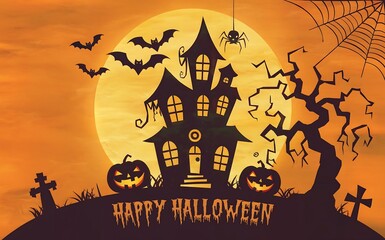 A spooky haunted house silhouette with pumpkins, bats, spider web, and graves in front of a full moon with happy halloween text