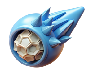 Stylized blue spiky projectile with honeycomb core detailed abstract rendering 3d illustration isolated on transparent background