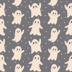 Halloween ghost seamless pattern on dark background. Great for kids decor, spooky packaging, seasonal wrapping and party supplies