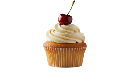 Delicious vanilla cupcake with creamy frosting and cherry topping