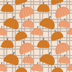 Cozy seamless vector pattern featuring hand-drawn orange and peach pumpkins over a soft plaid background. Perfect for fall-themed packaging, Thanksgiving decor, textile prints, digital paper, and seas