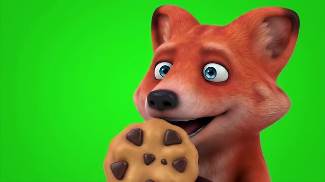 Delightful 3D Animation of a Red Fox Mascot Holding a Chocolate Chip Cookie with a Happy Expression Isolated by Green Screen Perfect for Children Content and Creative Projects Stock Animated