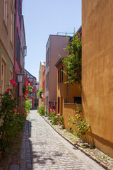 Obraz premium Bunte Wohngebäude in einer gasse der Altstadt , Stralsund, Mecklenburg-Vorpommern, Deutschland