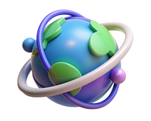 Stylized earth globe with orbitals and leaves clean ecology concept3d illustration isolated on transparent background