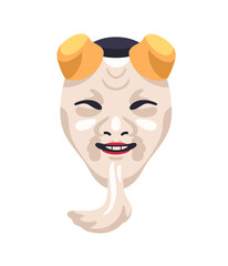 Okina, kabuki mask with beard. Face of happy old man in traditional theater in Japan. Ancient masque with character of East Asian culture. Flat isolated vector illustration on white background