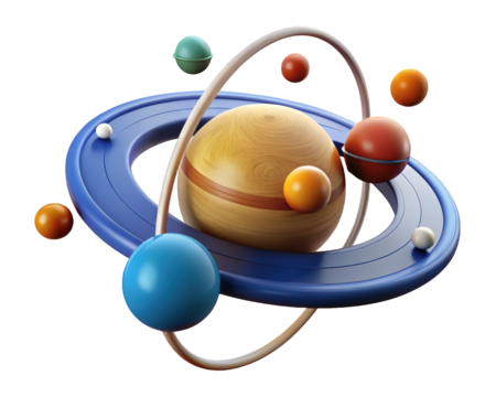 Stylized planet with rings and spheres floating in space artistic space theme 3d illustration isolated on transparent background