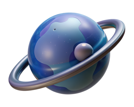 Stylized planet illustration with rings and moon design in blue and purple tones 3d illustration isolated on transparent background