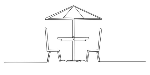 Obraz premium Minimalist one line drawing of two chairs and a table with umbrella. Simple continuous line art perfect for cafe, outdoor dining, summer themes, and modern design projects.