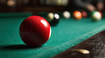 Elegant billiards shot with red ball rolling towards the pocket on a green table
