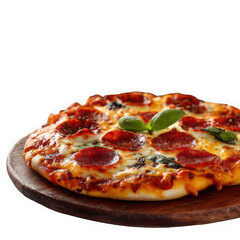  pizza on wood plates on white background.