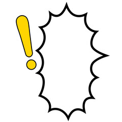 黄色いベタ塗りのビックマーク付きの右口で爆発型で縦長の吹き出し