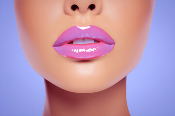 lavender background with bright blush and glossy lips