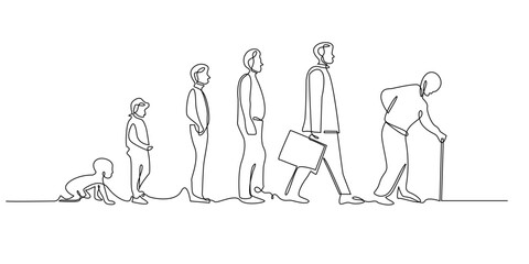 Continuous one line drawing showing human life evolution from crawling baby to elderly with cane. Minimalist linear art symbolizing growth, aging, and stages of life