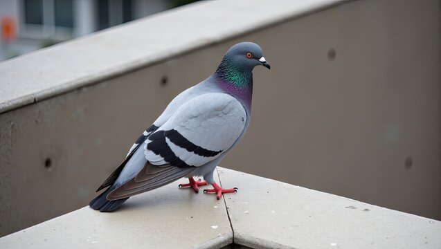 Pigeon perched on a light gray ledge.