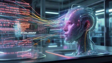 Futuristic robot head in lab setting