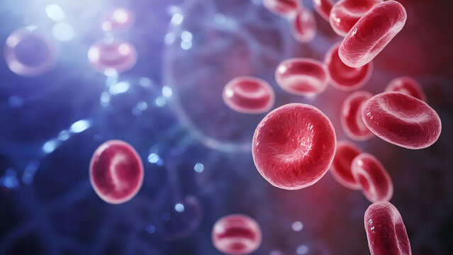 Explore microscopic red blood cells flowing in a vibrant bloodstream, ideal for medical research, health education, and scientific presentations about hematology