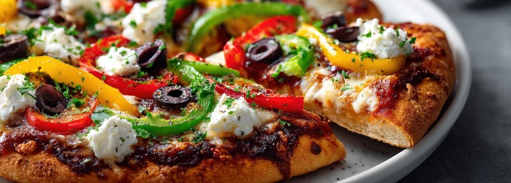 Colorful pizza with bell peppers, olives, and fresh mozzarella on a white plate