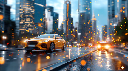 Dynamic city scene car in motion urban environment night view modern aesthetic for seo impact