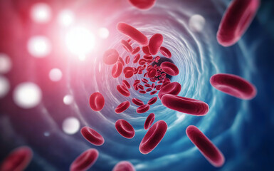 Naklejka premium Explore the microscopic world of blood cells flowing through a vessel, perfect for medical research, healthcare marketing, and science education projects