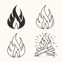 Vector art of collection of stylized fire and flame icons, including a solid black silhouette and handdrawn line art