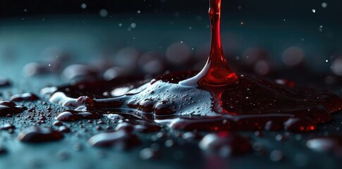 Close-up of dark, viscous sweat dripping from a surface, glistening under harsh light The texture is thick and oily, contrasting against the background , viscous, black liquid