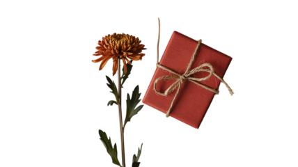 Red gift box tied with twine next to a single orange chrysanthemum flower