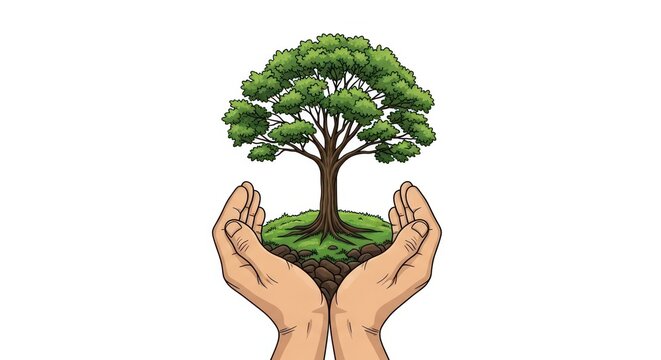 Illustrated Hands Gently Cradling a Mature Tree, a Symbol of Environmental Protection