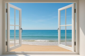 Ocean view from an open window overlooking a sunny beach and clear blue sky
