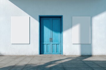 Fototapeta premium Light-drenched facade with blank posters and a blue door
