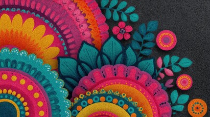 Vibrant Indian-inspired mandala design in neon colors against dark background