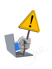 Black and white hand showing yellow warning sign with exclamation mark from laptop screen. Modern collage style. Illustration on transparent background