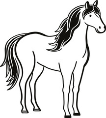 Vector art of a black and white illustration of a horse standing, isolated on white background
