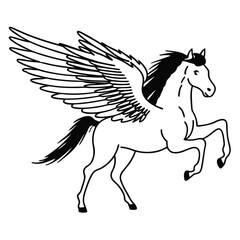 Vector art of majestic winged horse pegasus in a dynamic pose, isolated on a white background