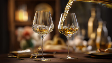 Elegant wine glasses with golden liquid captured in a sophisticated dining scene.