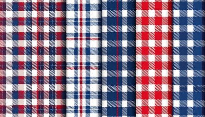 Plaid fabric patterns in red, white, and blue