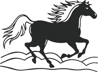 Vector art of silhouette of a galloping horse with a flowing mane and tail, isolated on a white background