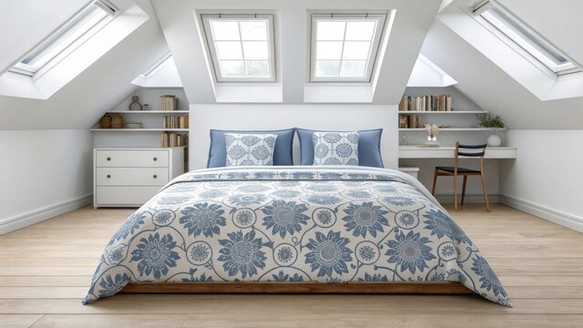 Cozy attic bedroom with blue and white damask bedding - Powered by Adobe