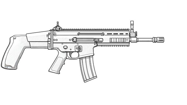 FN SCAR Rifle &ndash; Minimal Line Art with Light 3D Depth on White