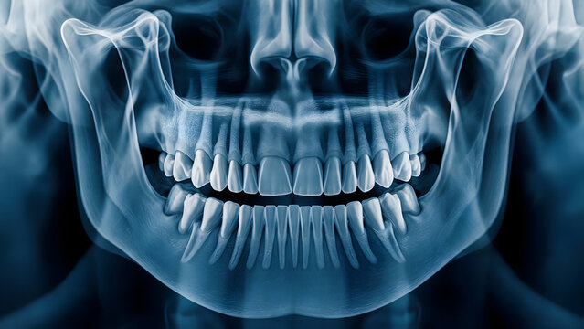 Detailed panoramic dental X-ray showing healthy teeth and jaw structure for educational or medical illustration needs, perfect for dental practices and textbooks