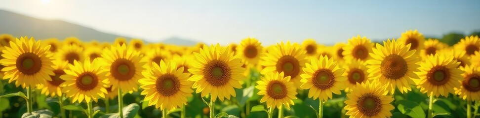 Fototapeta premium A vibrant yellow field of sunflowers, blooming together in a display of natural cooperation and unity The image evokes themes of teamwork, harmony, and shared growth , growth, field, plant life