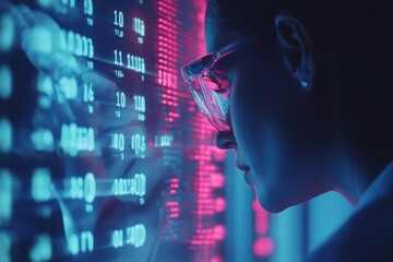 Scientist analyzing DNA data with digital technology in a research lab environment, DNA strand and scientific data processing over researcher in laboratory