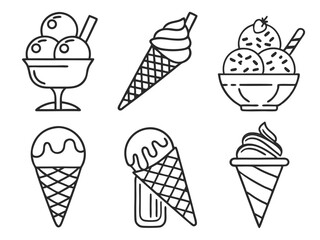 Vector art of collection of ice cream illustrations in cones and cups, isolated on white background